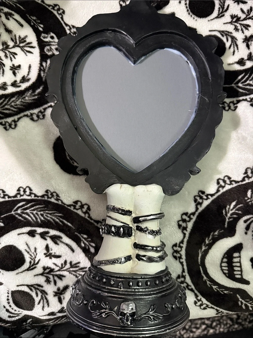 Gothic Heart Skeleton Mirror with Pink Rose Accent